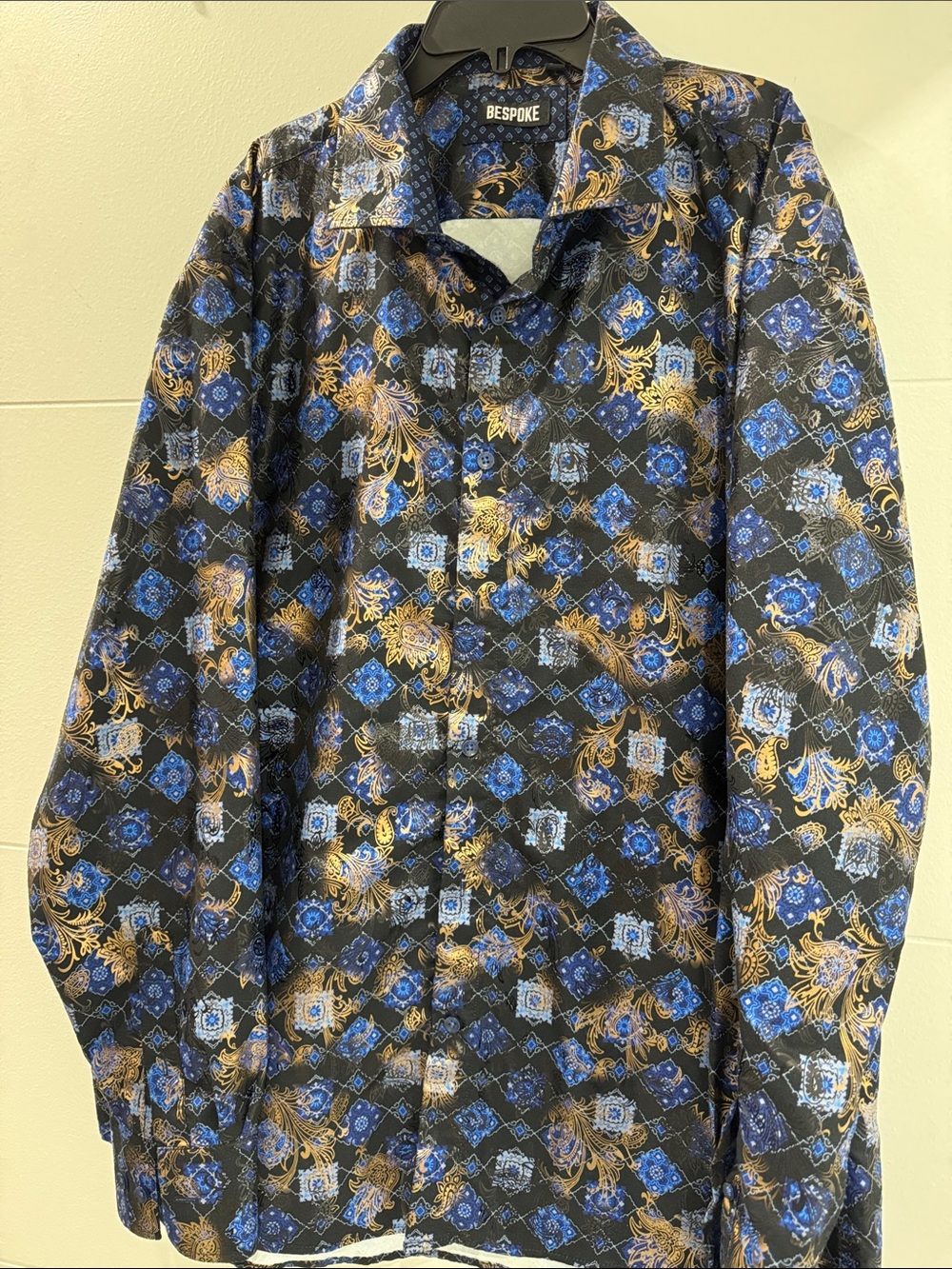Bespoke Black Shirt with Blue & Gold Ornate Pattern